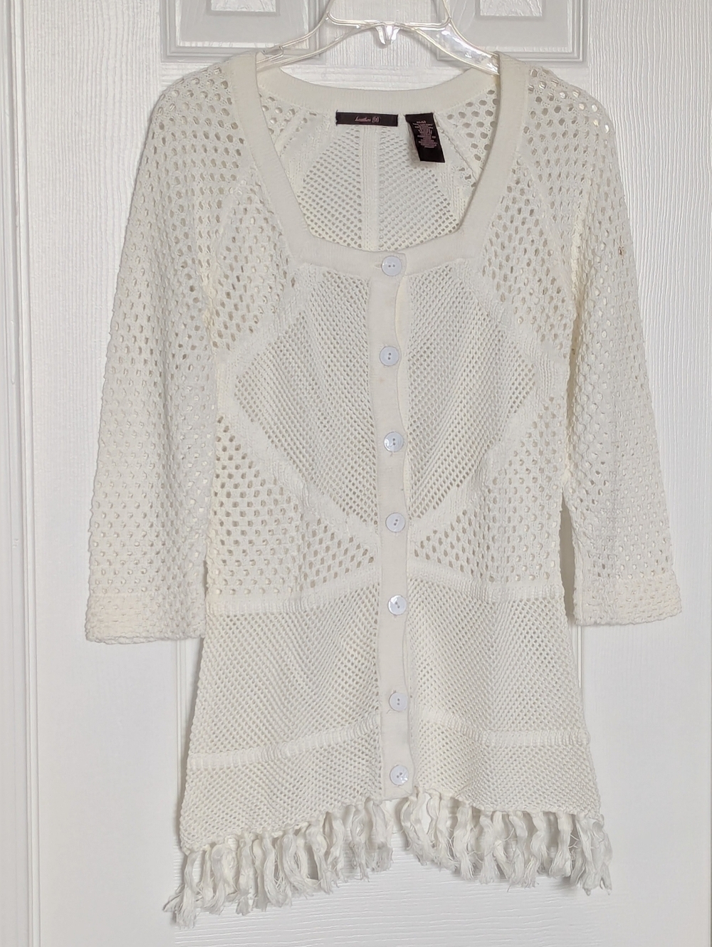 Women's (Medium) Open Knit/Crochet Fringe Button-Front Long Cardigan w/Tassels